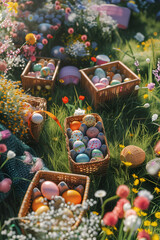 Boxes and baskets full of colorful Easter eggs on green grass and spring flower surface. Top view, abstract background.