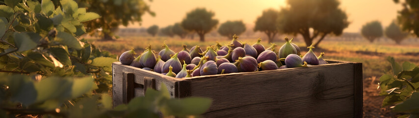 Figs harvested in a wooden box in a plantation with sunset. Natural organic fruit abundance. Agriculture, healthy and natural food concept. Horizontal composition, banner. - obrazy, fototapety, plakaty