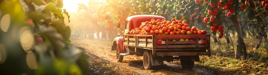  Vintage truck carrying various types of fruits in an orchard with sunset. Concept of food transportation, logistics and cargo. © linda_vostrovska