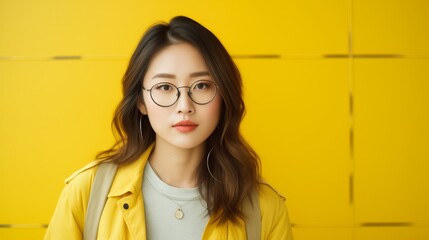 Capture the image of an Asian woman wearing glasses, posing confidently against a vibrant yellow background. 