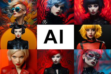 Generative AI photo examples collage. Artificial intelligence photography sample set. Group of abstract fashion female close-up portrait. Cybergoth Dark Goth Punk style. Digital art concept