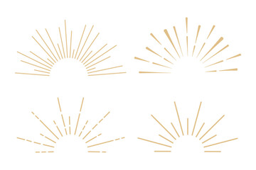 Golden sun burst beam line minimal sunrise decoration isolated on white background. Celestial sun ray with ocean waves. Vector illustration