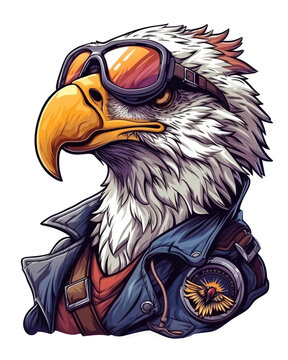 Eagle wearing a vintage American pilot suit with realistic watercolor style, for t-shirt and sticker print design, isolated background