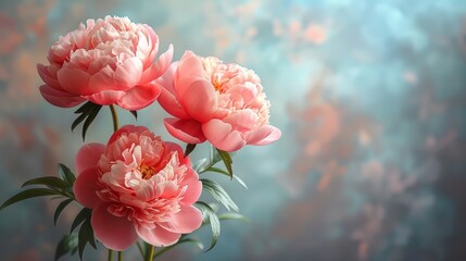 Beautiful peonies with a gray background.watercolor paint is hyper-detailed with a floral background