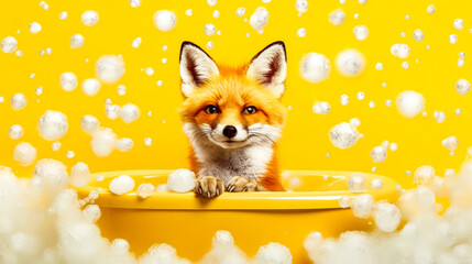 Fototapeta na wymiar A cute fox enjoys a bath surrounded by soap bubbles on a vibrant yellow background