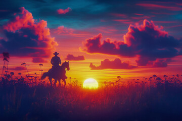 Fototapeta premium Silhouette of a horse and a rider against dramatic evening storm clouds, Cowboy rides into the sunset generative ai