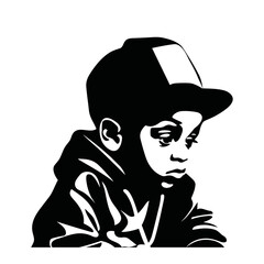 Little boy wearing a cap stylish rapper black and white vector illustration isolated transparent background logo, cut out or cutout t-shirt print design