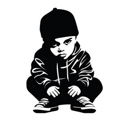 Little boy wearing a cap stylish rapper black and white vector illustration isolated transparent background logo, cut out or cutout t-shirt print design