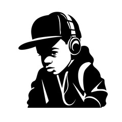 Little boy wearing a cap stylish rapper black and white vector illustration isolated transparent background logo, cut out or cutout t-shirt print design