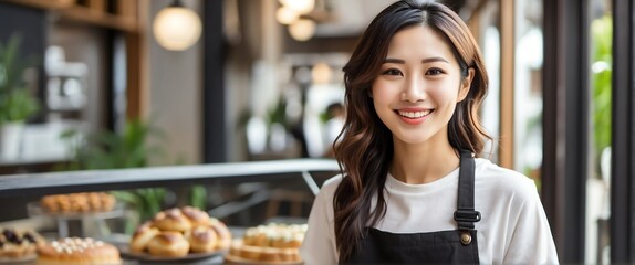 Small business owner young japanese woman at entrance of cafe smiling looking at camera from Generative AI