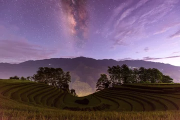 Photo sur Plexiglas Mu Cang Chai Night with Milky Way rice fields on terraced of Mu Cang Chai, Vietnam