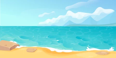 Poster Ocean summer beach sea seashore, coastline with sand and stones, with mountains on horizon. Seaside landscape, tropical beach landscape. Vector illustration © Alyona