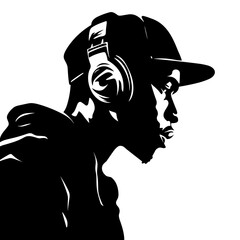 Black man african-american rapper wearing a cap and earphones black and white vector illustration isolated transparent background logo, cut out or cutout t-shirt print design - obrazy, fototapety, plakaty