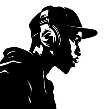 Black man african-american rapper wearing a cap and earphones black and white vector illustration isolated transparent background logo, cut out or cutout t-shirt print design