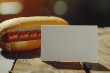 Intriguing Contrast: Close-Up Realistic Image of a White Business Card Next to a Hotdog