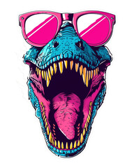 Funny cartoon tyrannosaurus rex head dinosaur wearing glasses in pop art style, sticker and t-shirt print design, isolated background