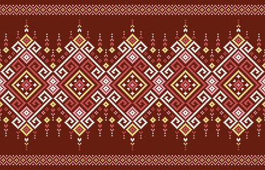 Fabric pattern features a vibrant ethnic design on a warm brown background. Bold geometric shapes, including triangles, diamonds, and stylized florals, create a captivating seamless repeat.