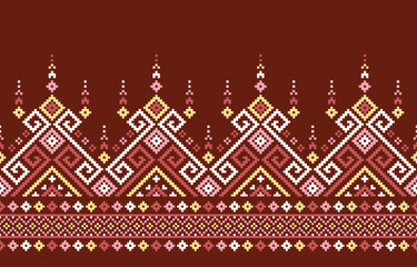 Ethnic pattern features a captivating mix of geometric shapes and stylized floral motifs on a brown background.  Bold colors create a visually striking and seamless design. - obrazy, fototapety, plakaty