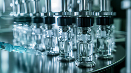 Medical Ampoule Production Line at Modern Modern Pharmaceutical Factory. Glass Ampoules are being Filled. Medication Manufacturing Process.