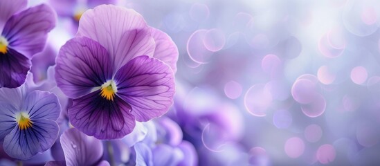 A close-up view of purple flowers in focus, with a soft and blurred background creating a dreamy atmosphere. The vibrant colors of the flowers stand out against the gentle backdrop.