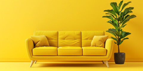 A sofa with a house plant and yellow wall background