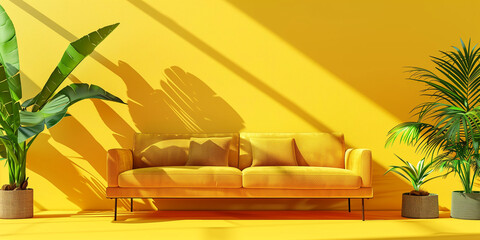 A sofa with a house plant and yellow wall background