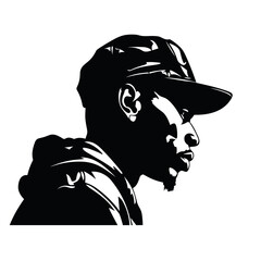 Black man african-american rapper wearing a cap black and white vector illustration isolated transparent background logo, cut out or cutout t-shirt print design