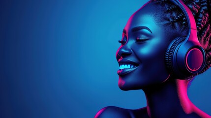 Happy young african american woman wearing headphones, listening music. Ultraviolet background.