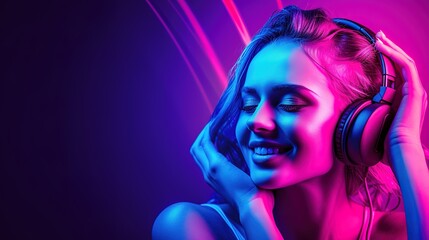 Happy young woman wearing headphones, listening music. Ultraviolet background.