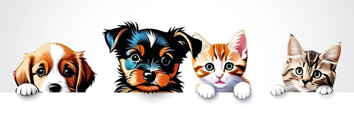 Fototapeta premium Cute puppies and kittens peek behind a clean white banner with empty space for text or product placement. The concept of an advertising poster for a pet store or veterinary clinic