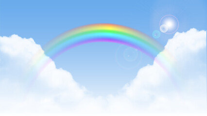 Rainbow on blue sky background 虹のかかった日が差し込む雨上がりの空 - obrazy, fototapety, plakaty