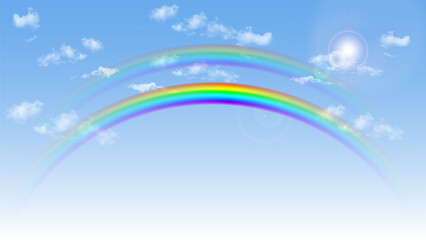 Rainbow on blue sky background 虹のかかった日が差し込む雨上がりの空 - obrazy, fototapety, plakaty
