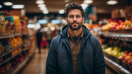 Portrait of a handsome young man standing in a supermarket and looking at camera - obrazy, fototapety, plakaty