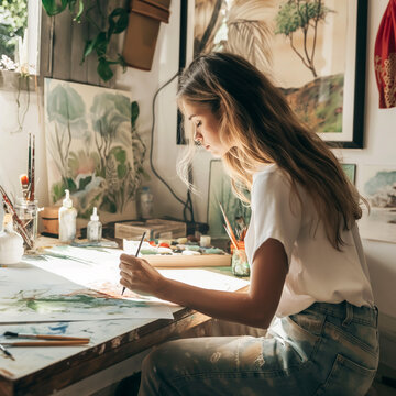 Female artist is drawing and painting her artwork. Young woman drawing in her free time at home