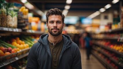 Portrait of a handsome young man standing in a supermarket and looking at camera