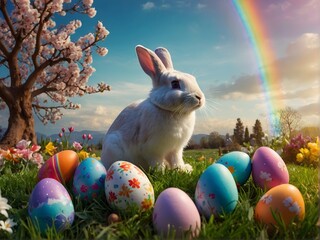 easter and bunny sky background with rainbow