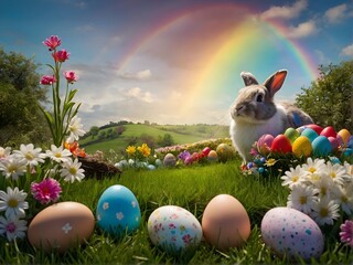 easter and bunny sky background with rainbow