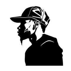 Black man african-american rapper wearing a cap black and white vector illustration isolated transparent background logo, cut out or cutout t-shirt print design