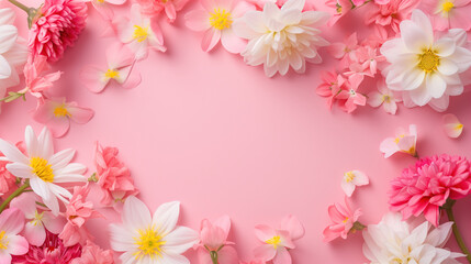 Bright spring flowers arranged on a pink backdrop with space for text.