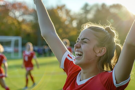 Triumphant Glory: Captivating Close-Up Shot of Female College Soccer Player Celebrating Victory on Field in Mid-Afternoon Sunlight