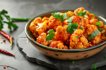 bowl of buffalo cauliflower in editorial food photography style on rustic slate surface background