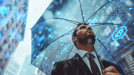Businessman and standing in the rain, holding black umbrellas for weather protection, crypto coin falling from sky - obrazy, fototapety, plakaty
