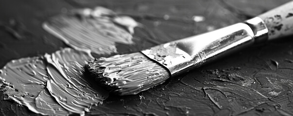 Close-up of a paintbrush on a textured canvas with black and white acrylic paint. Artistic tools concept for workshop banner and art class advertisement. Monochromatic macro photography