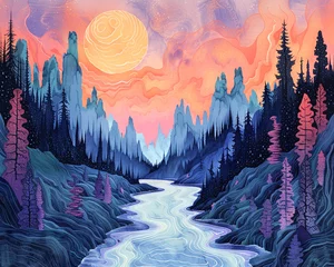 Cercles muraux Rose clair Surreal landscape with stylized river and patterned sky. Artistic depiction of nature for fantasy book illustration and album cover art. Vibrant digital painting with a dreamlike atmosphere