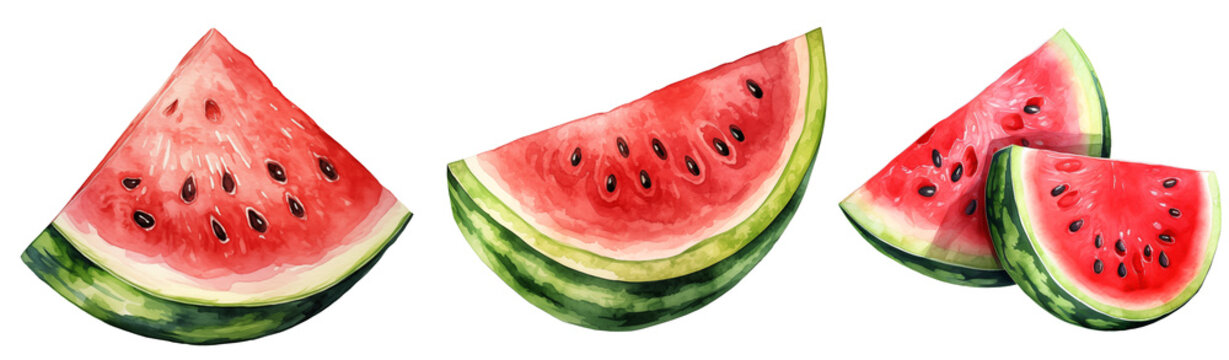 set of three slices of watermelon watercolor illustration clipart on transparent background, summer fruits 