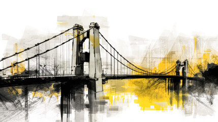 A captivating watercolor sketch of a bridge with yellow gray lines