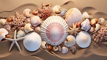 A collection of seashells arranged on a sandy beach.