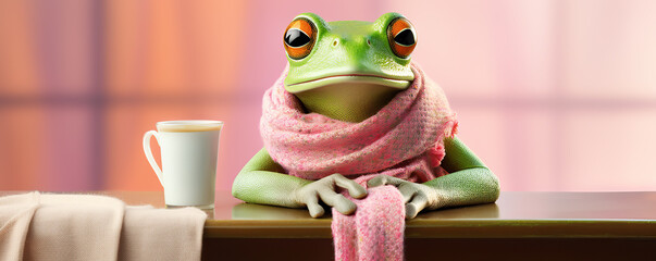 Green Frog Wearing Pink Scarf