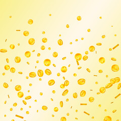 Swiss franc coins falling. Gold scattered CHF