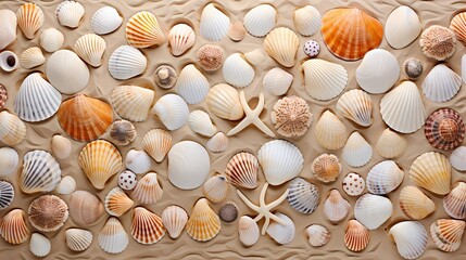 A collection of seashells arranged on a sandy beach.